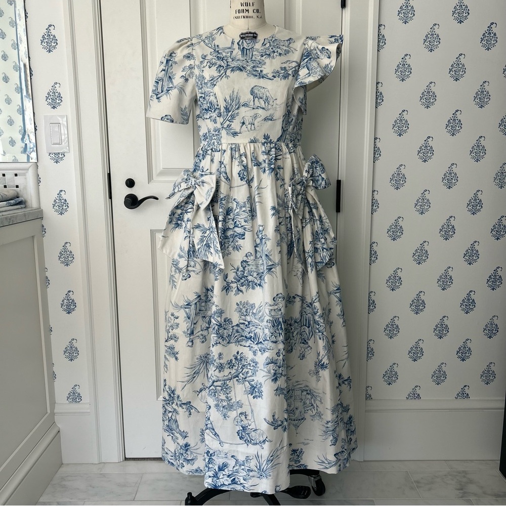 Women’s Blue and White Handmade Midi Dress With Bows, Size XS
